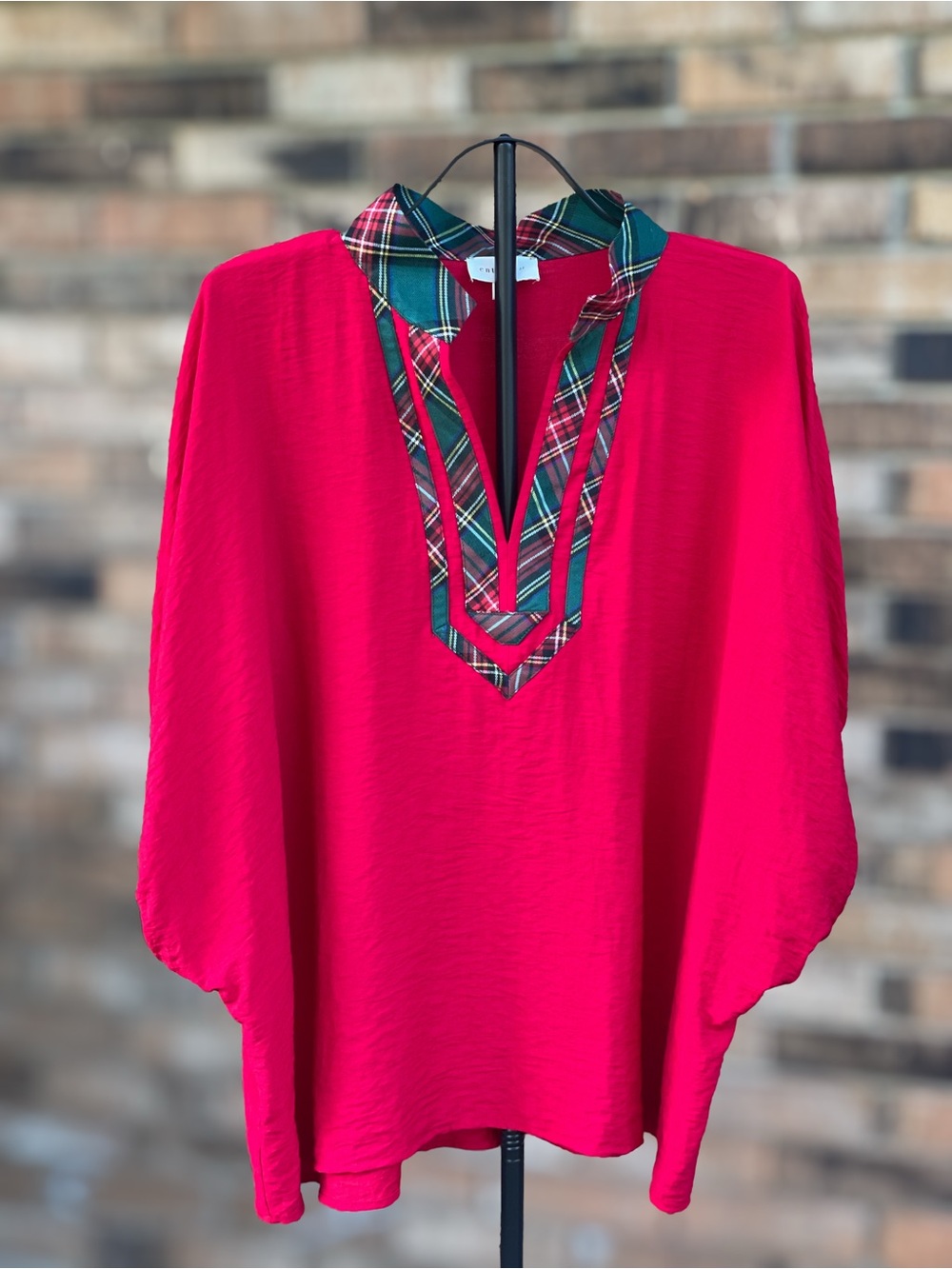 Entro 2X Red Plaid Trim Oversized Holiday Christmas Blouse Top